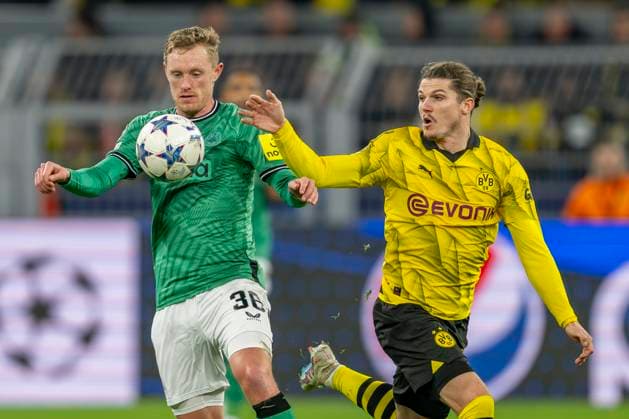 Fußball: Champions League. 4. Spieltag: Borussia Dortmund - Newcastle United am 07.11.2023 im Signal-Iduna-Park: Newcastles Sean Longstaff (l.) und Dortmunds Marcel Sabitzer kämpfen um den Ball. WICHTIGER HINWEIS: Gemäß den Vorgaben der UEFA ist es untersagt, in dem Stadion und oder vom Spiel angefertigte Fotoaufnahmen in Form von Sequenzbildern und oder videoähnlichen Fotostrecken zu verwerten bzw. verwerten zu lassen. Copyright: xKirchner DavidxInderliedx