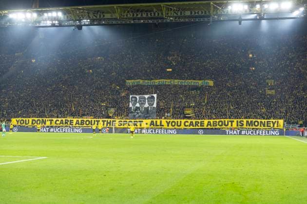 UEFA Champions League, Borussia Dortmund - Newcastle United, 7.11.2023 Die Fans des BVB mit einem Statement: www.nein-zur-cl-reform.de You don t care about the - all you care about is money . UEFA Champions League, Borussia Dortmund - Newcastle United, Vorrunde 4. Spieltag, am 7.11.2023, Signal Iduna Park, Dortmund UEFA regulations prohibit any use of photographs as image sequences and or quasi-video Copyright: xBEAUTIFULxSPORTS Meuselx