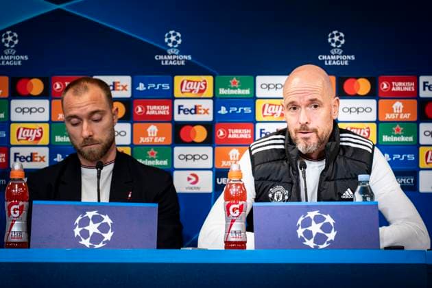 Christian Eriksen and coach Erik ten Hag during Manchester United, ManU s press conference, PK, Pressekonferenz before Wednesday s Champions League match against FC Copenhagen in Parken on Tuesday 7 November 2023. (Photo: Emil Nicolai Helms Ritzau Scanpix) , Denmark Kobenhavn Copyright: EmilxNicolaixHelmsx COP15003 spdk20231107-205900-L