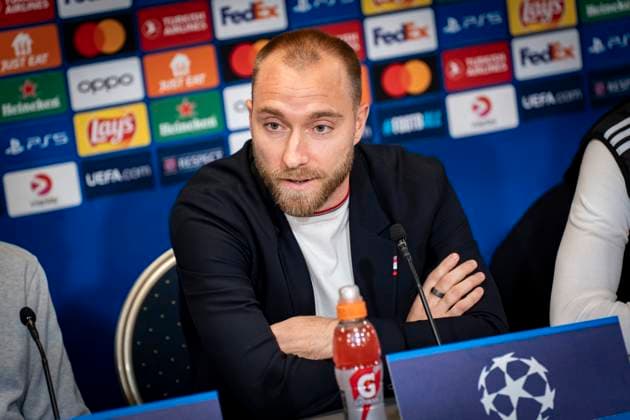 Christian Eriksen during Manchester United, ManU s press conference, PK, Pressekonferenz before Wednesday s Champions League match against FC Copenhagen in Parken on Tuesday 7 November 2023. (Photo: Emil Nicolai Helms Ritzau Scanpix) , Denmark Kobenhavn Copyright: EmilxNicolaixHelmsx COP15003 spdk20231107-205844-L