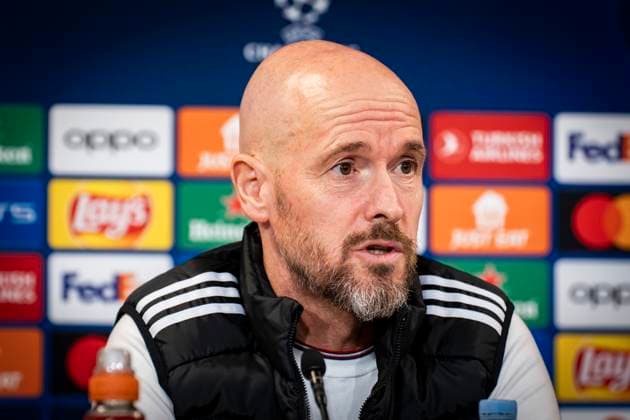 Coach Erik ten Hag during Manchester United, ManU s press conference, PK, Pressekonferenz before Wednesday s Champions League match against FC Copenhagen in Parken on Tuesday 7 November 2023. (Photo: Emil Nicolai Helms Ritzau Scanpix) , Denmark Kobenhavn Copyright: EmilxNicolaixHelmsx COP15003 spdk20231107-205800-L