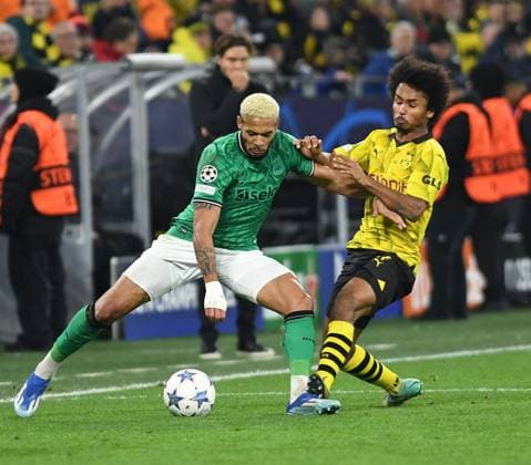 07.11.2023, Dortmund, Germany, Signal-Iduna-Park, Borussia Dortmund vs Newcastle United - UEFA Champions League 2023 2024 - Group F, Joelinton (Newcastle United) und Karim Adeyemi (Borussia Dortmund) im Zweikampf (Foto Ralf Treese) Dortmund Signal-Iduna-Park North Rhine-Westphalia Germany