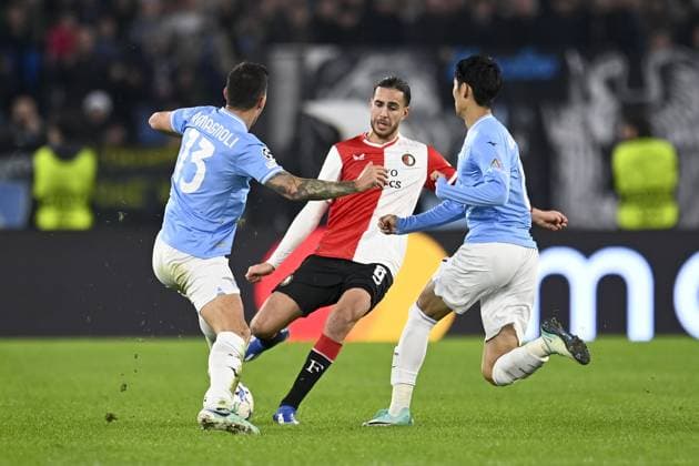 ROME, 07-11-2022, Stadio Olimpico, UEFA Champions League Football, season 2023 2024, Lazio - Feyenoord, (L-R) Lazio player Alessio Romagnoli, Feyenoord player Ramiz Zerrouki during the match Lazio - Feyenoord Lazio - Feyenoord  x23080208x Copyright: