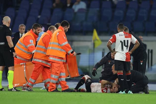 UEFA Champions League SS Lazio vs Feyenoord Rotterdam Feyenoord s Dutch defender Bart Nieuwkoop injured during the UEFA Champions League match Group Stage Group E between SS Lazio vs Feyenoord Rotterdam at Olimpico Stadium on November 07, 2023, in Rome. ABPH9723 Copyright: xAntonioxBalascox
