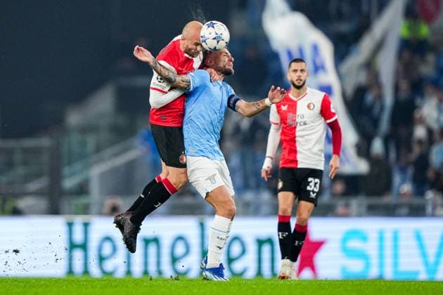 UEFA Champions League: S.S. Lazio v Feyenoord Rome - Gernot Trauner of Feyenoord, Ciro Immobile of Lazio during the 4th leg of the UEFA Champions League group stage between S.S. Lazio v Feyenoord at Stadio Olympico on 7 November 2023 in Rome, Italy. Copyright: xTomxBodex