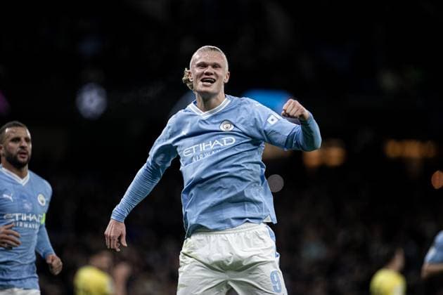 MANCHESTER, ENGLAND - NOVEMBER 7: Erling Haaland of Man City celebrates his goal during the UEFA Champions League Group Stage match between Manchester City and BSC Young Boys at Etihad Stadium on November 7, 2023 in Manchester, England. Manchester Etihad Stadium England United Kingdom Copyright: xJustPictures.ch DaniloxFernandesx jp-en-EuSpIm-Man.City_Y.Boys_07Nov2023_DAF_00009