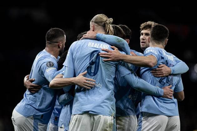 MANCHESTER, ENGLAND - NOVEMBER 7: Erling Haaland of Man City celebrates his goal with teammates during the UEFA Champions League Group Stage match between Manchester City and BSC Young Boys at Etihad Stadium on November 7, 2023 in Manchester, England. Manchester Etihad Stadium England United Kingdom Copyright: xJustPictures.ch DaniloxFernandesx jp-en-EuSpIm-Man.City_Y.Boys_07Nov2023_DAF_00010