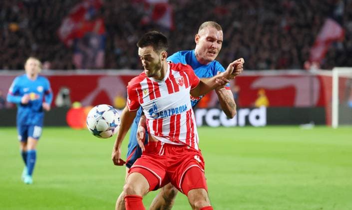 Roter Stern Belgrad - RB Leipzig Champions League Beograd, 07.11.2023, Stadion Rajko Mitic, Fussball , UEFA Champions League, Gruppe G , Spieltag 4 , Roter Stern Belgrad vs. RB Leipzig , Im Bild von li.: Mirko Ivanic (4, Belgrad) und David Raum (22, RB Leipzig) , Foto nur zur redaktionellen Nutzung bestimmt! . , UEFA regulations prohibit any use of photographs as image sequences and or quasi-video ,