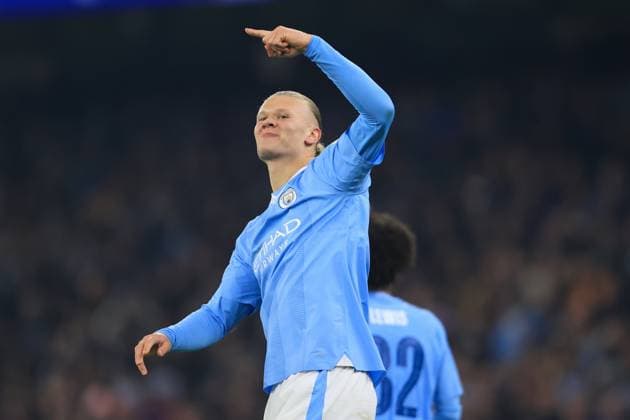 Football - UEFA Champions League - Group G - Manchester City v BSC Young Boys 7th November 2023 - UEFA Champions League - Group G - Manchester City v BSC Young Boys - Erling Haaland of Manchester City celebrates their third goal - Photo: Simon Stacpoole Offside. Manchester UK Copyright: xSimonxStacpoolexOffside