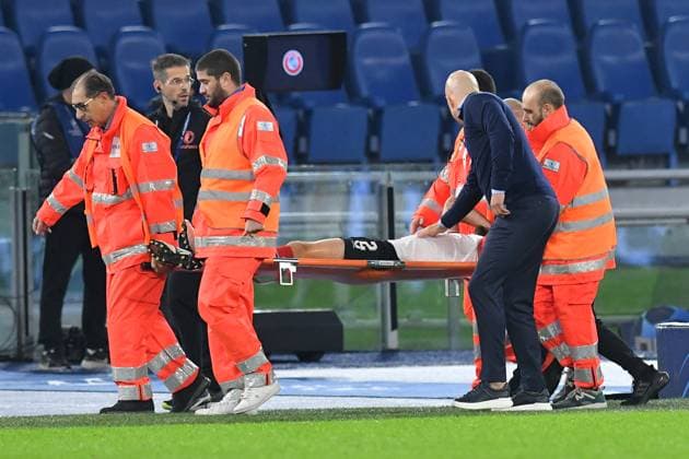 7th November 2023, Stadio Olimpico, Rome, Italy; Champions League, Group Stage Football; Lazio versus Feyenoord; Bart Nieuwkoop of Feyenoord leaves the field after an injury  ActionPlus12573589 AllShotLive