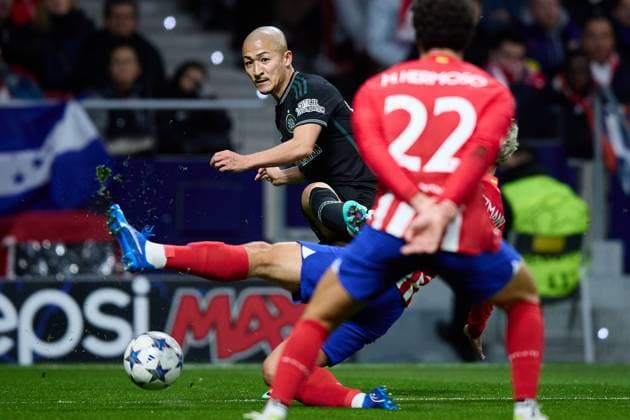 Daizen Maeda of Celtic FC attempts a kick during the UEFA Champions League match between Atletico Madrid v Celtic in Madrid, Spain, on November 7, 2023 (photo by: Panoramic) FOOTBALL : Atletico de Madrid vs Celtic Glasgow - UEFA Ligue des Champions - 07 11 2023 AlvaroMedranda Panoramic 