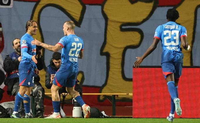07.11.2023 Belgrade(Serbia) FK Crvena Zvezda(Red Star)-RB Leipzig Uefa Champions League group stage men s football Simons Xavi(L),David Raum(2L) RB Leipzig celebrate first scored goal :S.Sandic