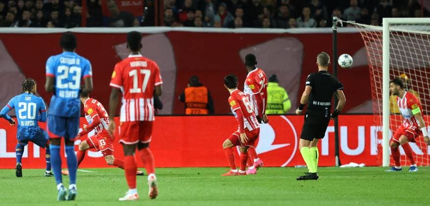 07.11.2023 Belgrade(Serbia) FK Crvena Zvezda(Red Star)-RB Leipzig Uefa Champions League group stage men s football Simons Xavi(L) RB Leipzig scores first scored goal beside Aleksandar Dragovic(R) Crvena Zvezda(Red Star) :S.Sandic