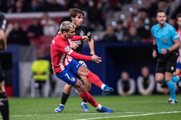7th November 2023; Metropolitano Stadium, Madrid, Spain, Champions League, Group Stage Football, Atletico Madrid versus Celtic; Antoine Griezmann shoots and scores the opening goal for 1-0 in the 6th minute  ActionPlus12573619 AgenciaxLOF