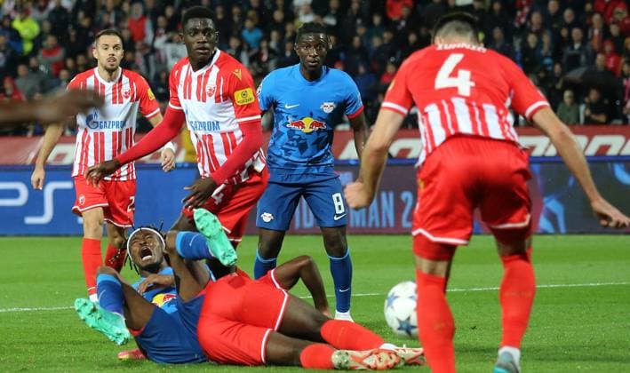 07.11.2023 Belgrade(Serbia) FK Crvena Zvezda(Red Star)-RB Leipzig Uefa Champions League group stage men s football Mohamed Simakan(L),Amadou Haidara(2nd from right) RB Leipzig between Milan Rodic(Left behind) ,Nasser Djiga(R) Crvena Zvezda(Red Star) :S.Sandic
