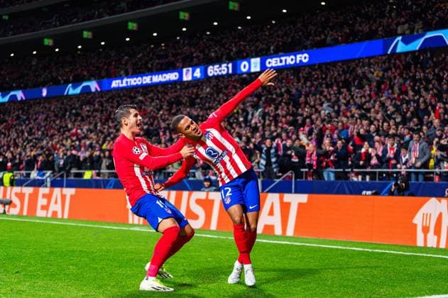 Atletico Madrid vs Celtic; Matchday 04 Uefa Champions League 2023 2024 Samuel Lino (Atletico Madrid) (R) celebrate his goal with Alvaro Morata (Atletico Madrid) (L) during the football match of Uefa Champions League between Atletico Madrid vs Celtic played at Civitas Metropolitano stadium on November 07, 2023 in Madrid, Spain Madrid Estadio Civitas Metropolitano Madrid Spain Copyright: xAlbertoxGardinx AGardin_20231107_football_Champions League_Atletico Madrid vs Celtic_010
