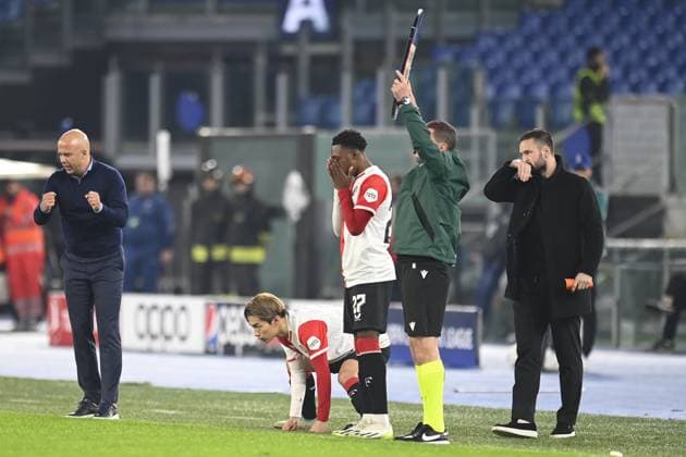 ROME, 07-11-2022, Stadio Olimpico, UEFA Champions League Football, season 2023 2024, Lazio - Feyenoord, substitutes Feyenoord player Ayase Ueda, Feyenoord player Antoni Milambo during the match Lazio - Feyenoord Lazio - Feyenoord  x23081852x Copyright: