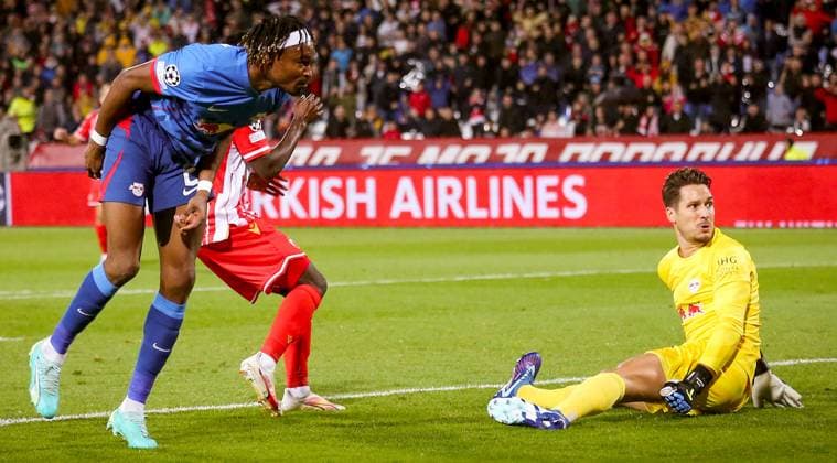 RECORD DATE NOT STATED 07.11.2023 Belgrade(Serbia) FK Crvena Zvezda(Red Star)-RB Leipzig Uefa Champions League group stage men s football Catello Lukeba(L),Janis Blaswich(R) RB Leipzig :S.Sandic