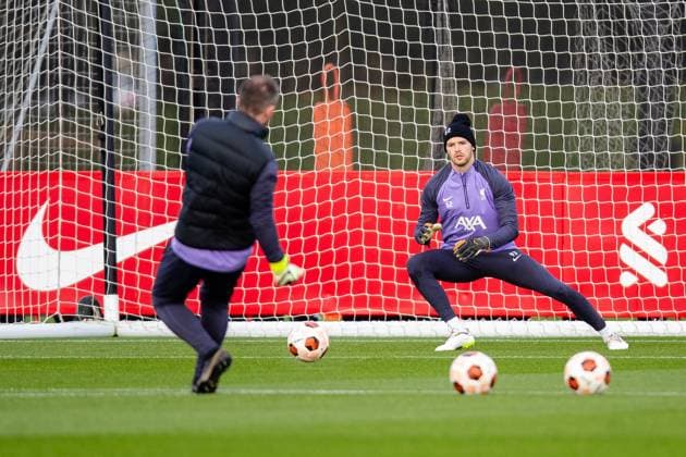 Football - UEFA Europa League - Group E - Toulouse FC v Liverpool FC - MD-1 LIVERPOOL, ENGLAND - Wednesday, November 8, 2023: Liverpool s goalkeeper Caoimhin Kelleher during a training session at the AXA Training Centre ahead of the UEFA Europa League Group E match between Toulouse FC and Liverpool FC. (Photo by Jessica Hornby Propaganda) LIVERPOOL AXA Training Centre MERSEYSIDE ENGLAND  Copyright: xDavidxRawcliffex P2023-11-08-LFC_Training-18