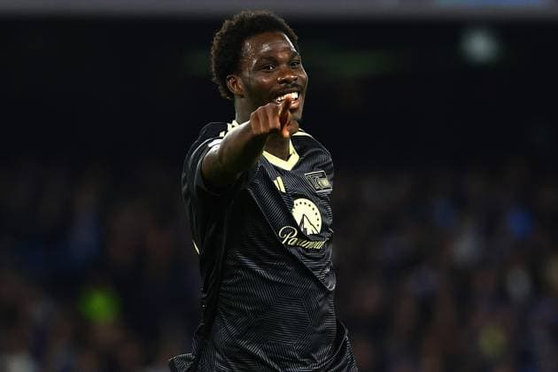 David Fofana of FC Union Berlin celebrates after scoring the goal of 1-1 during the Champions League Group C football match between SSC Napoli and FC Union Berlin at Diego Armando Maradona stadium in Naples (Italy), November 8th, 2023. cesarexpurini
