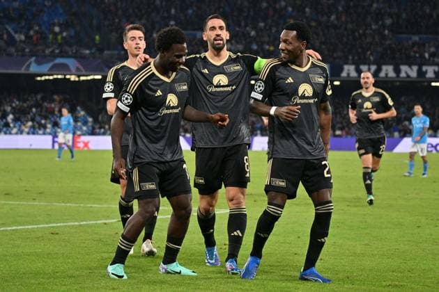 IPP20231108 Football - soccer: UEFA Champions League 2023 2024, S.S.C. Napoli - 1. FC Union Berlin, Datro Fofana festeggia il gol del 1-1 con Rani Khedira e Sheraldo Becker (Verwendung nur in Deutschland - GERMANY ONLY) *** IPP20231108 Football soccer UEFA Champions League 2023 2024, S S C Napoli 1 FC Union Berlin, Datro Fofana festeggia il gol del 1 1 con Rani Khedira e Sheraldo Becker Use only in Germany GERMANY ONLY 