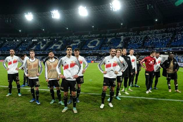 Italy: Champions League match SSC Napoli vs Union Berlin Union Berlin celebrates the result with their fans after the Uefa champions league match between SSC Napoli vs Union Berlin at the Diego Armando Maradona Stadium in Naples, southern Italy, on November 08, 2023. DSCF0974 Copyright: xAntonioxBalascox