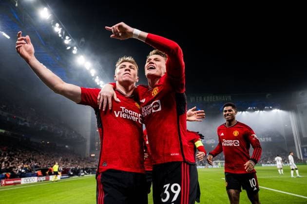 231108 Rasmus Hojlund and Scott McTominay of Manchester United, ManU celebrates after 0-1 during the UEFA Champions League football match between FC Copenhagen and Manchester United on November 8, 2023 in Copenhagen. Photo: Petter Arvidson BILDBYRAN kod PA PA0685 fotboll football soccer fotball champions league fc copenhagen manchester united bbeng jubel Copyright: PETTERxARVIDSON BB231108PA029