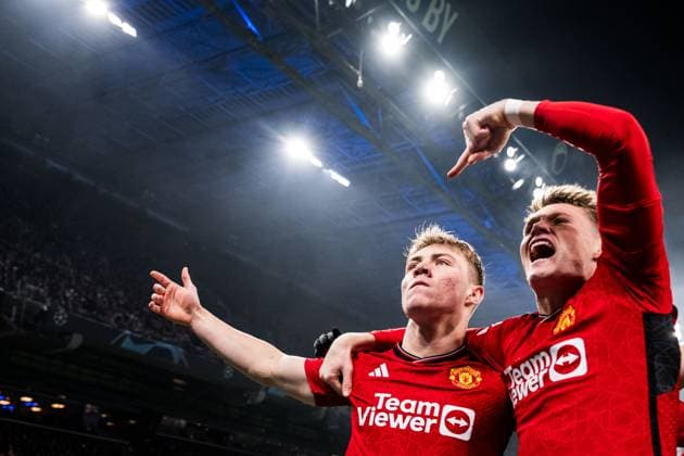 231108 Rasmus Hojlund and Scott McTominay of Manchester United, ManU celebrates after 0-1 during the UEFA Champions League football match between FC Copenhagen and Manchester United on November 8, 2023 in Copenhagen. Photo: Petter Arvidson BILDBYRAN kod PA PA0685 fotboll football soccer fotball champions league fc copenhagen manchester united bbeng jubel Copyright: PETTERxARVIDSON BB231108PA033