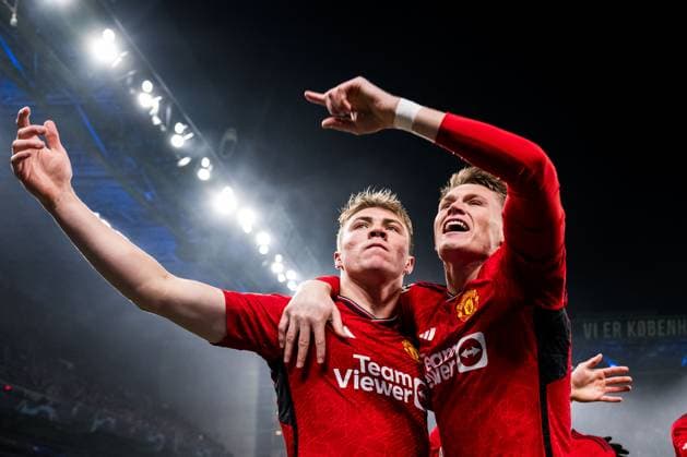 231108 Rasmus Hojlund and Scott McTominay of Manchester United, ManU celebrates after 0-1 during the UEFA Champions League football match between FC Copenhagen and Manchester United on November 8, 2023 in Copenhagen. Photo: Petter Arvidson BILDBYRAN kod PA PA0685 fotboll football soccer fotball champions league fc copenhagen manchester united bbeng jubel Copyright: PETTERxARVIDSON BB231108PA034
