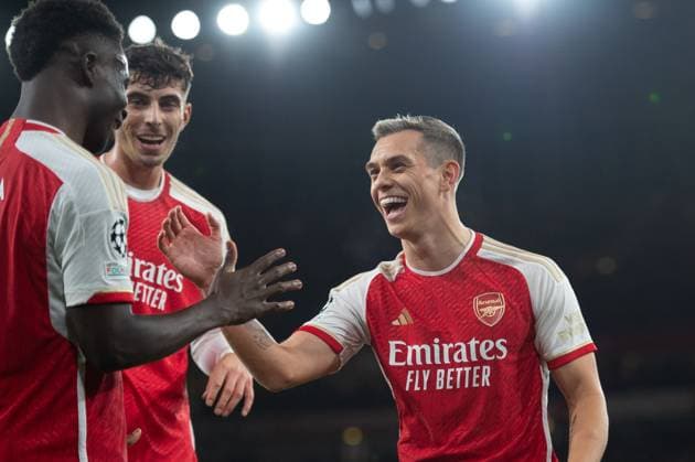 8th November 2023; Emirates Stadium, London, England; Champions League Football, Group Stage, Arsenal versus Sevilla; Leandro Trossard of Arsenal celebrates after he scored for 1-0 in the 30th minute  ActionPlus12573845 SalvioxCalabrese