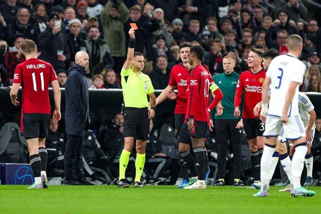 FC Copenhagen v Manchester United, ManU Champions League 08 11 2023. Marcus Rashford (10) of Manchester United receives a red card during the Champions League match between FC Copenhagen and Manchester United at Parken Stadium, Copenhagen, Denmark on 8 November 2023. Editorial use only , Copyright: xNigelxKeenex PSI-18364-0022