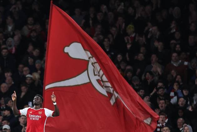 Arsenal v Sevilla 8 November 2023, London - Champion™s League Football, Group B - Arsenal v Sevilla - Bukayo Saka of Arsenal celebrates scoring their 2nd goal - Photo: Jacques Feeney Offside. London UK Copyright: xJacquesxFeeneyx xOffsidexOffside