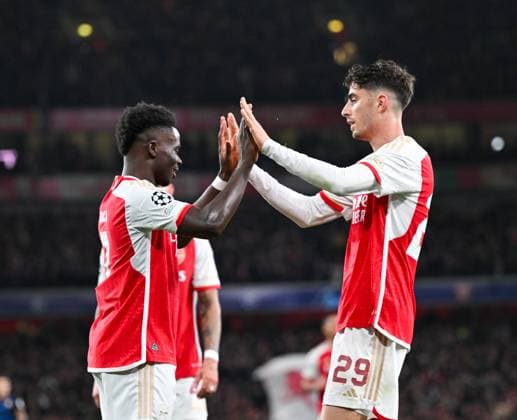 Arsenal v Sevilla UEFA Champions League Bukayo Saka of Arsenal celebrates scoring the second goal with Kai Havertz of Arsenal during the UEFA Champions League Group B match at the Emirates Stadium, London Copyright: xNigelxBramleyx FIL-19220-0059 UK Newspapers OUT