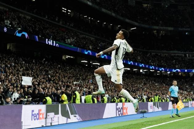 November 8, 2023: Rodrygo Goes of Real Madrid celebrates a goal during the UEFA Champions League, Group C, football match played between Real Madrid and SC Braga at Santiago Bernabeu stadium on November 08, 2023, in Madrid, Spain. - ZUMAa181 20231108_zaa_a181_103 Copyright: xGuillermoxMartinezx