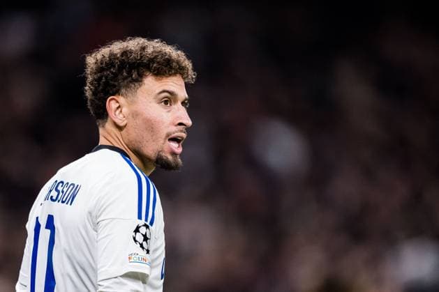 231108 Jordan Larsson of FC Copenhagen during the UEFA Champions League football match between FC Copenhagen and Manchester United, ManU on November 8, 2023 in Copenhagen. Photo: Petter Arvidson BILDBYRAN kod PA PA0685 fotboll football soccer fotball champions league fc copenhagen manchester united bbeng Copyright: PETTERxARVIDSON BB231108PA130