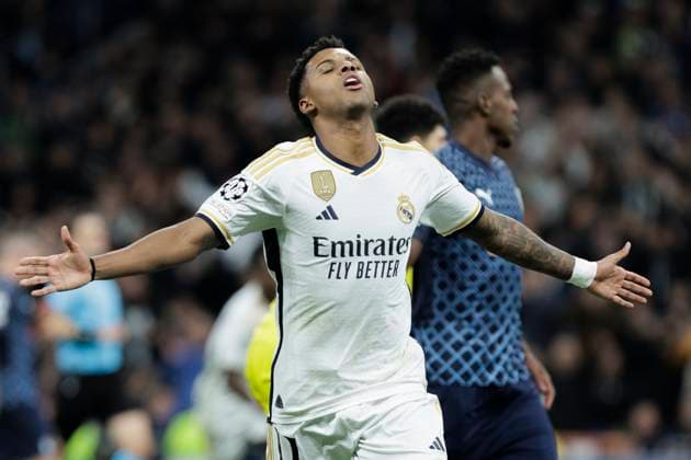 MADRID, SPAIN - NOVEMBER 08: Rodrygo Goes of Real Madrid celebrates a goal during the UEFA CHAMPIONS LEAGUE 2023 24 match between Real Madrid Madrid and Braga at Santiago Bernabeu Stadium. ONLYxEDITORIALxUSAGE  (235058472)