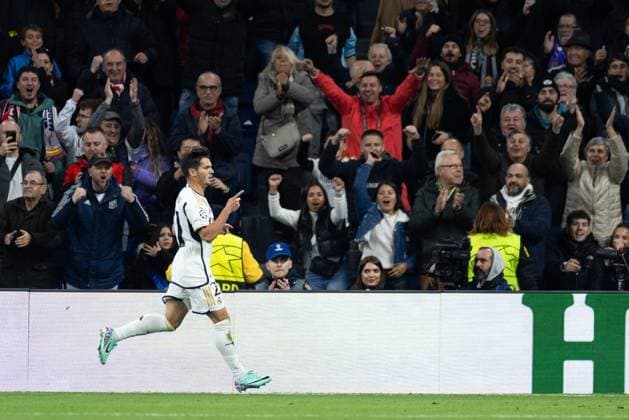 (231109) -- MADRID, Nov. 9, 2023 -- Brahim Diaz of Real Madrid celebrates his goal during the UEFA Champions League Group C match between Real Madrid and SC Braga in Madrid, Spain, Nov. 8, 2023. ) (SP)SPAIN-MADRID-FOOTBALL-UEFA CHAMPIONS LEAGUE-REAL MADRID VS SC BRAGA MengxDingbo 