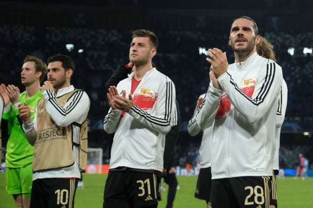 Union Berlin celebrates the result with their fans after the Uefa champions league match between SSC Napoli vs Union Berlin at the Diego Armando Maradona Stadium in Naples, southern Italy, on November 08, 2023.  Copyright: xAntonioxBalasco IPAxSportx xipa-x xx IPA_41511478 IPA_Agency_IPA41511478