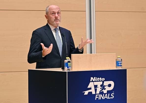 November 9, 2023, Turin: Angelo Binaghi President Federazione Italiana Tennis during the press conference, PK, Pressekonferenz and draw ceremony of the 54th edition of the Nitto ATP, Tennis Herren Finals Turin 2023 at the skyscraper Intesa San Paolo, Italy, 9 november 2023 ANSA ALESSANDRO DI MARCO Nitto Atp Finals Torino 2023  - ZUMAa110 20231109_zaf_a110_016 Copyright: xAlessandroxDixMarcox