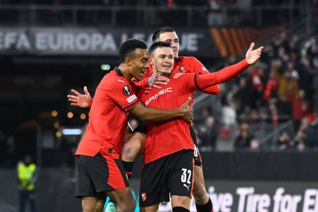 Joie des joueurs de l equipe Rennes apres le but de Fabian RIEDER ( 32 - Rennes ) - FOOTBALL : Rennes vs Panathinaikos - Ligue Europa - 09 11 2023 FedericoPestellini Panoramic 