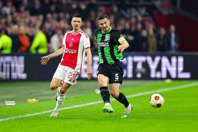 Ajax v Brighton and Hove Albion Europa League 09 11 2023. Lewis Dunk (5) of Brighton & Hove Albion holds off Steven Berghuis (23) of Ajax during the Europa League match between Ajax and Brighton and Hove Albion at the Amsterdam Arena, Amsterdam, Netherlands on 9 November 2023. Editorial use only , Copyright: xNigelxKeenex PSI-18369-0014