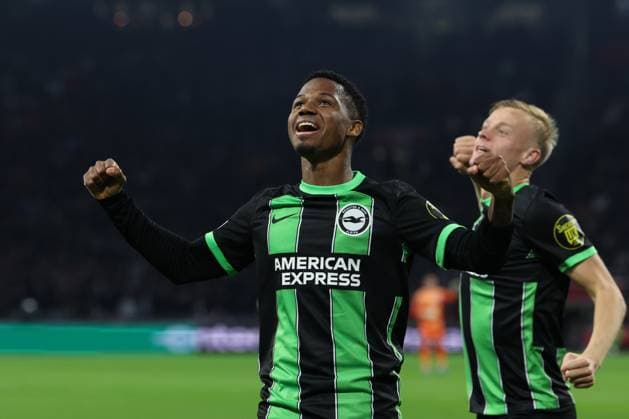 Amsterdam, Netherlands, 9th November 2023: Goal celebrations for Simon Adingra (24 Brighton) during the UEFA Europa League football match between Ajax and Brighton at The Johan Cruyff ArenA in Amsterdam, Netherlands. (James Whitehead SPP) Copyright: xJamesxWhiteheadx xSPPx spp-en-JaWhSp-IMG_0837