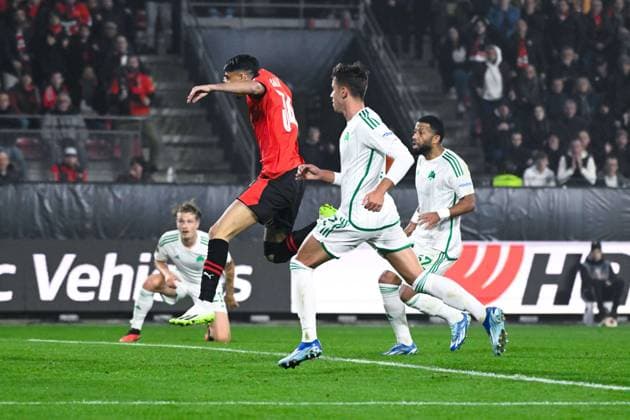 But de Salah Ibrahim ( 34 - Rennes ) - FOOTBALL : Rennes vs Panathinaikos - Ligue Europa - 09 11 2023 FedericoPestellini Panoramic 