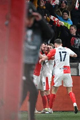 From left Vaclav Jurecka, David Doudera, Lukas Provod celebrate a goal during the football Europe League 4th round match Slavia Praha vs AS Rome, group G in Prague, Czech Republic, November 9, 2023. (CTKxPhoto MichalxKamaryt) CTKPhotoP2023110908941  CTKPhotoP2023110908941