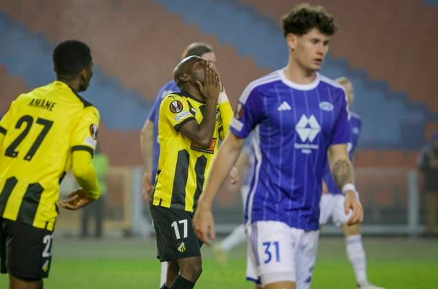 Fußball, EL, BK Häcken - Molde FK GÖTEBORG 20231109 Häckens Edward Chilufya efter en missad malchans under torsdagens fotbollsmatch i Europa League (grupp H) mellan BK Häcken och Molde FK fran Norge pa Gamla Ullevi. GÖTEBORG SVERIGE x9200x