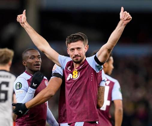 Sport Themen der Woche KW45 Sport Bilder des Tages Birmingham, England, 9th November 2023. Clement Lenglet of Aston Villa celebrates scoring his sides opening goal which is then disallowed during the UEFA Europa Conference League match at Villa Park, Birmingham. Picture credit should read: Andrew Yates Sportimage EDITORIAL USE ONLY. No use with unauthorised audio, video, data, fixture lists, club league logos or live services. Online in-match use limited to 120 images, no video emulation. No use in betting, games or single club league player publications. SPI-2720-0017