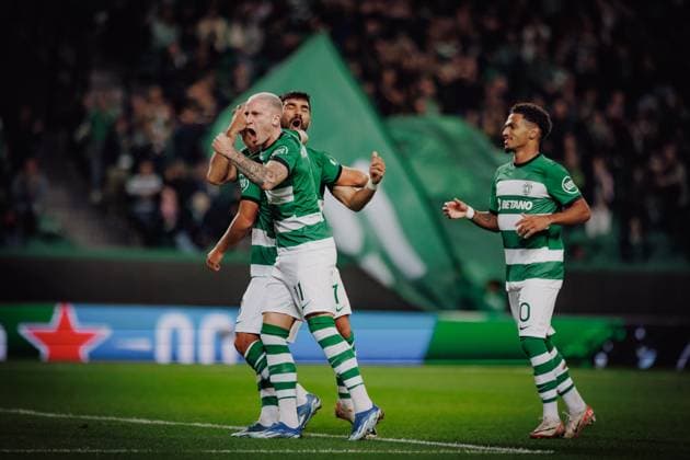 Fußball, EL, Sporting Lissabon - Rakow Tschenstochau Pedro Goncalves scores and celebrates during UEFA Europa League 23 24 game between Sporting CP e Rakow Czestochowa at Estadio Jose Alvalade, Lisbon, Portugal. (Maciej Rogowski) Lisbon Estadio Jose Alvalade Portugal Copyright: xMaciejxRogowskix scp-rakow-1