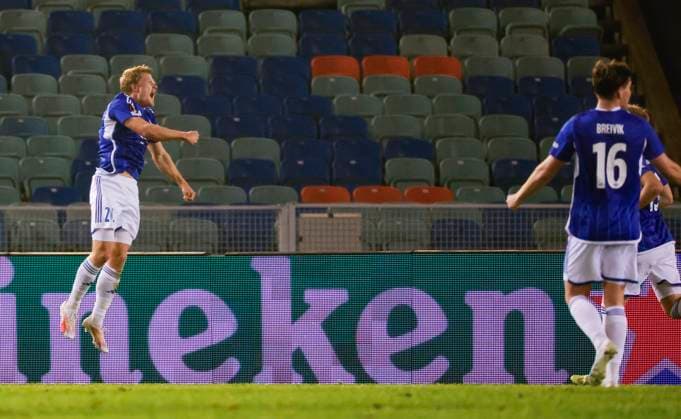 Fußball, EL, BK Häcken - Molde FK GÖTEBORG 20231109 Moldes Kristian Eriksen (tv) jublar efter 0-2 under torsdagens fotbollsmatch i Europa League (grupp H) mellan BK Häcken och Molde FK fran Norge pa Gamla Ullevi. GÖTEBORG SVERIGE x9200x