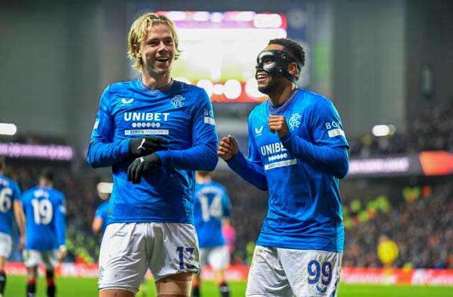 Glasgow, Scotland, 9th November 2023. Todd Cantwell and Danilo of Rangers celebrate CantwellÕs goal during the UEFA Europa League match at Ibrox Stadium, Glasgow. Picture credit should read: Neil Hanna Sportimage EDITORIAL USE ONLY. No use with unauthorised audio, video, data, fixture lists, club league logos or live services. Online in-match use limited to 120 images, no video emulation. No use in betting, games or single club league player publications. SPI-2721-0008