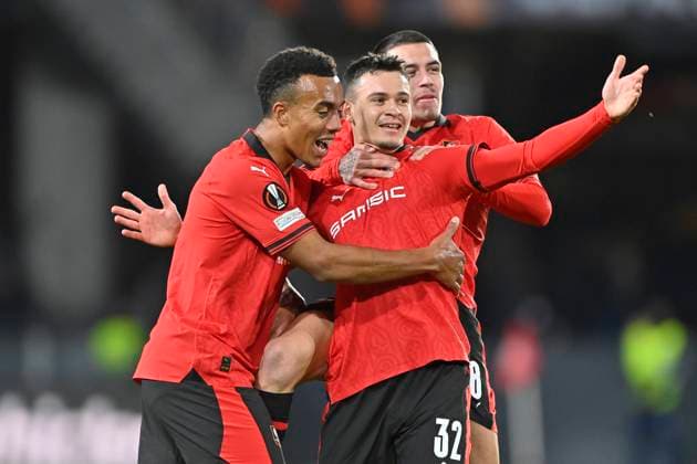 Rennes Panathinaikos PHOTOPQR OUEST FRANCE Philippe Renault ; Rennes ; 09 11 2023 ; UEFA. Europa League. Phase de groupe. Football. Rennes Panathinaikos . Joie des Rennais après le but de Fabian Rieder Photo Philippe Renault Ouest-France UEFA Europa League Group F soccer match between Stade Rennais FC and Panathinaikos FC, in Rennes, France, 09 November 2023.